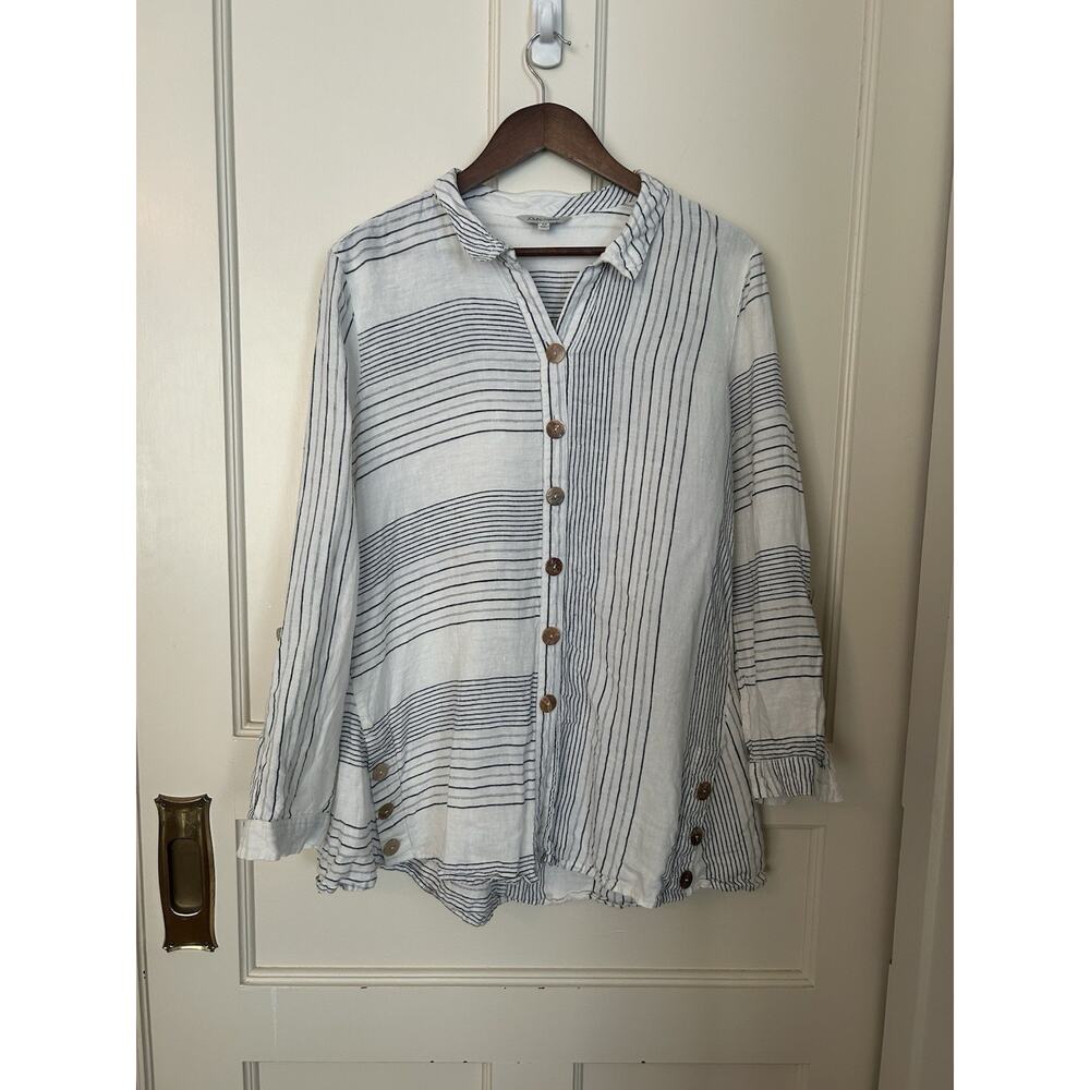 John Mark Linen Striped Button Front Blouse Womens Size Medium White Charcoal